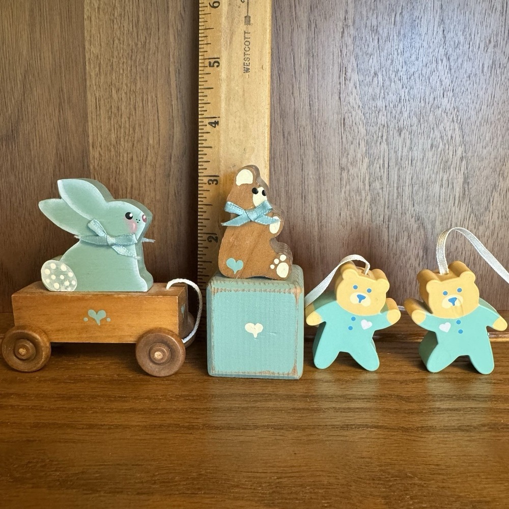 Vintage Hand Painted Wooden Baby Blue Bear & Rabbit. Farmhouse Cottagecore Decor - Picture 16 of 16